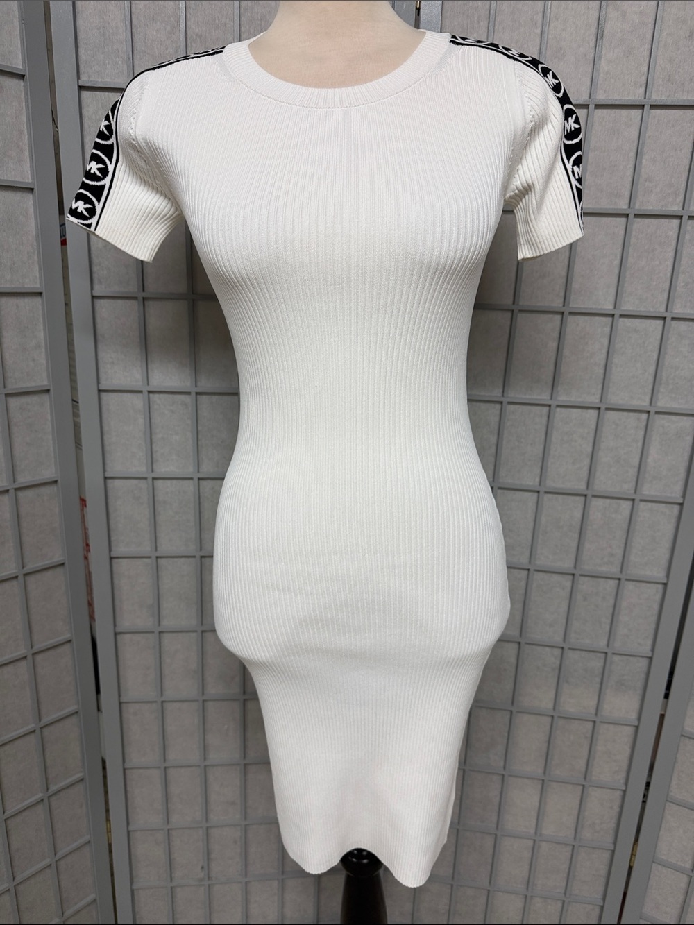 Michael Kors White Ribbed Short Sleeve Midi Dress with Black Logo Shoulder Tape